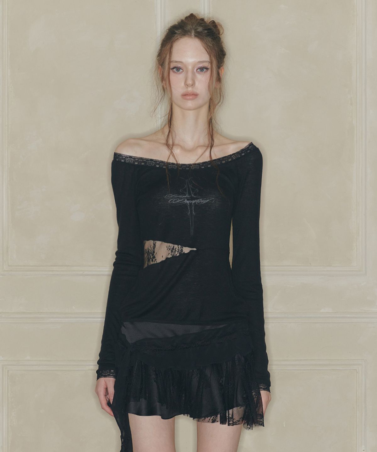 페인오어플레져(PAINORPLEASURE) LACE BOATNECK TOP black
