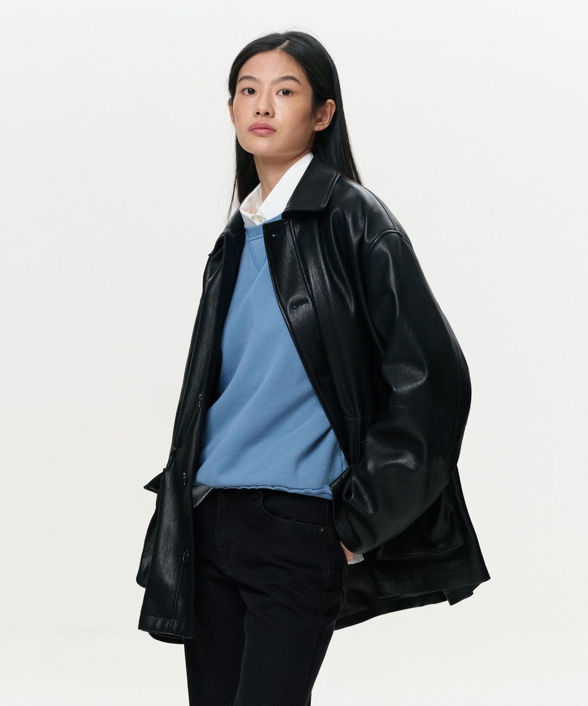이알에이(ERA) UNISEX ERA FAUX LEATHER SAFARI JACKET - BLACK
