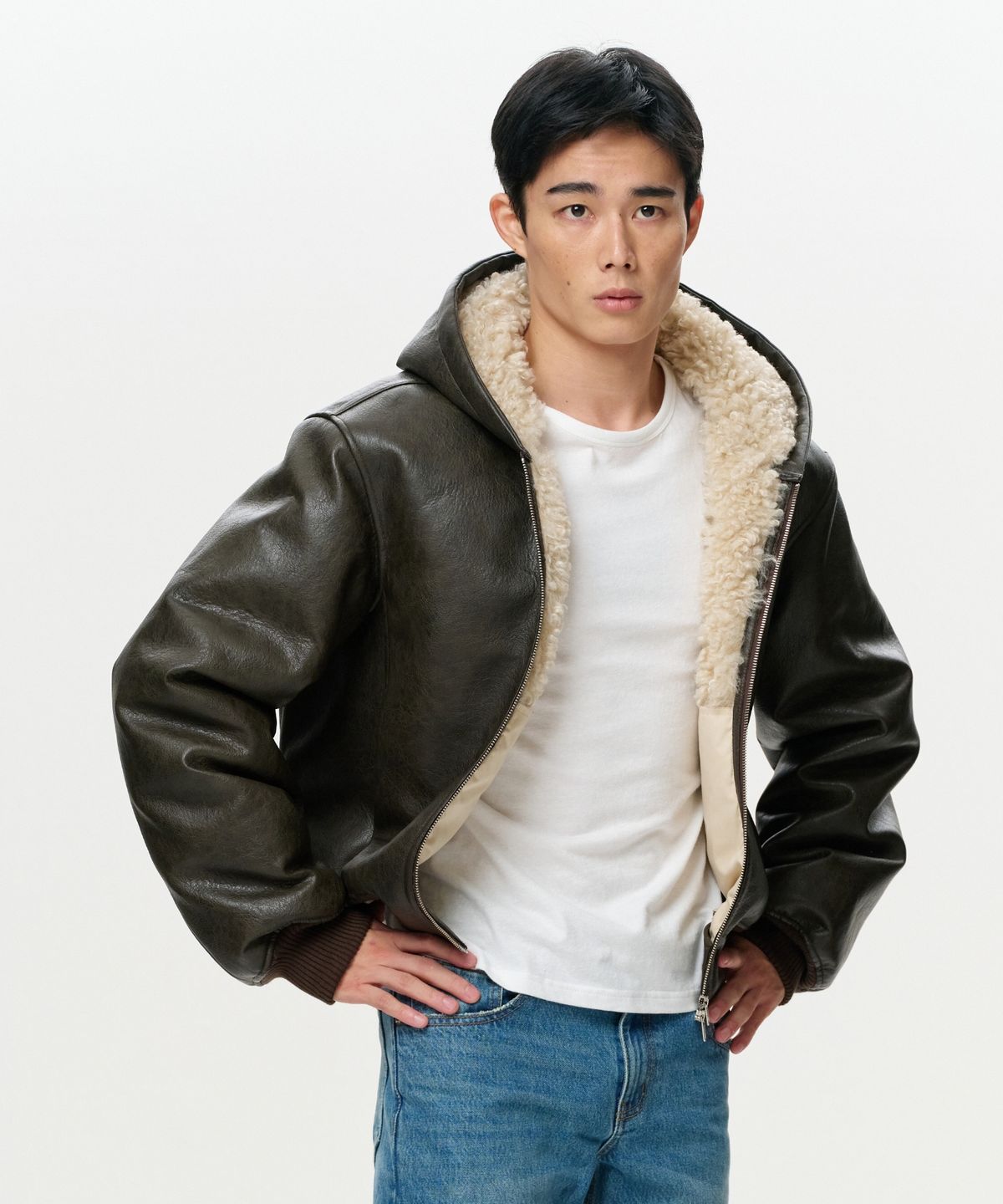 이알에이(ERA) UNISEX ERA FAUX SHEARLING HOODED JACKET - BROWN