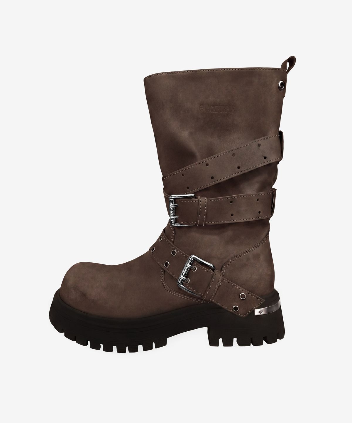 블랙 퍼플(BLACK PURPLE) 러스크  숏 스트랩 슬라우치드 부츠_브라운 Rusk Short Strap Slouched Boots_Brown