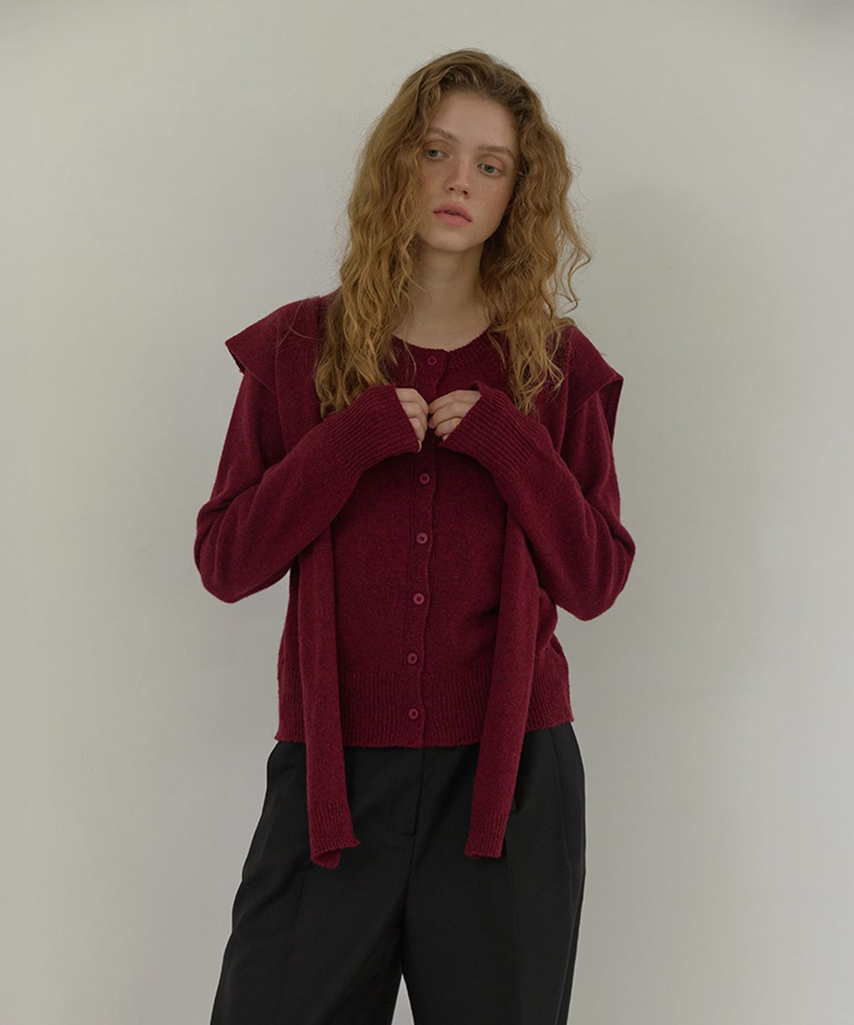 론크(LONQUE) SHAWL SET CARDIGAN (WINE)