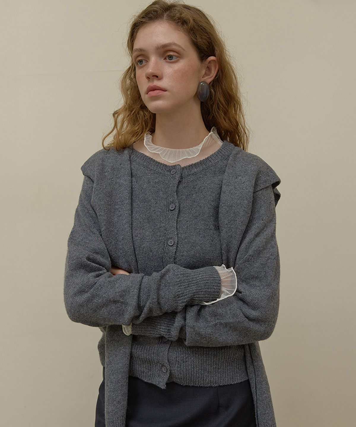 론크(LONQUE) SHAWL SET CARDIGAN (GREY)