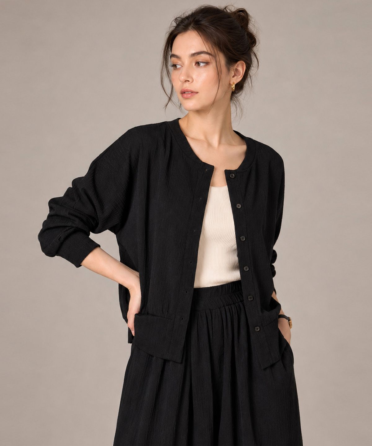 바스카라(VASCARA) [SET] Round-neck Cardigan + Banding Maxi Wide Pants Set-up