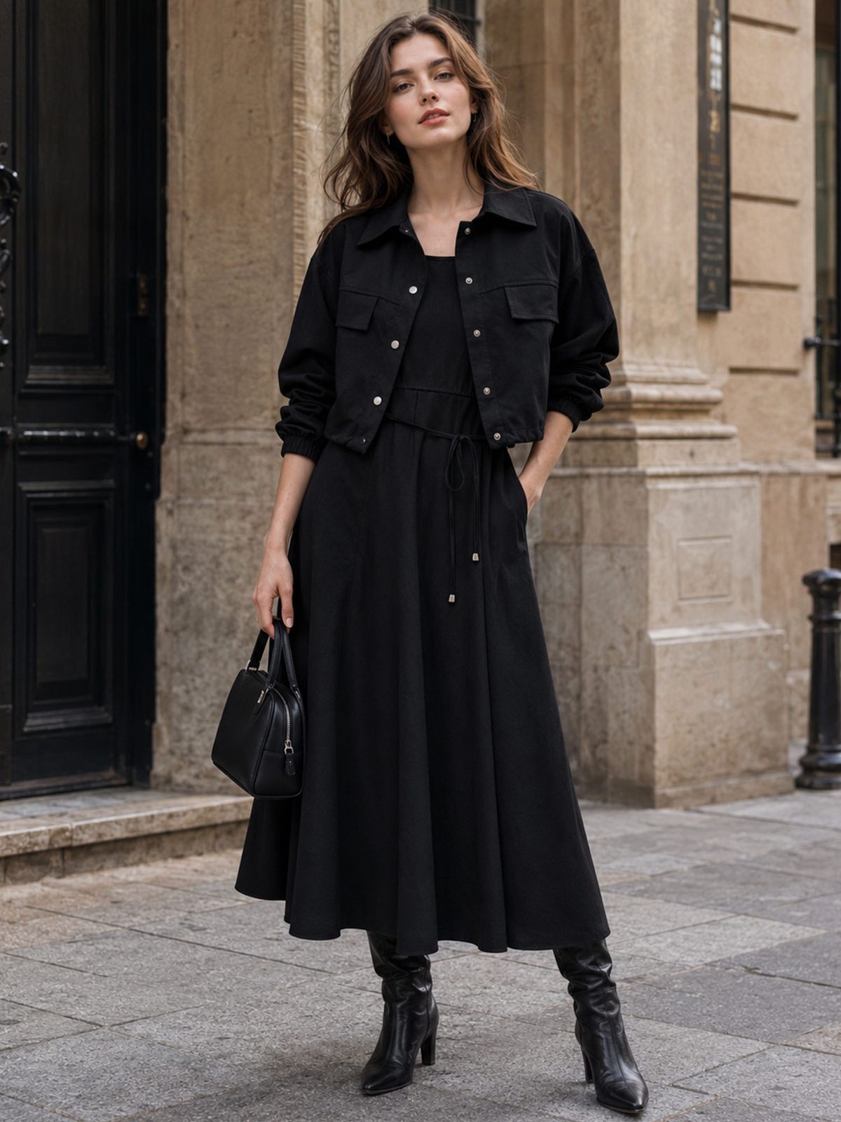 바스카라(VASCARA) [SET] Pocket Crop Shirring Jacket + String Pleated Sleeveless Dress Set-up (2colors)