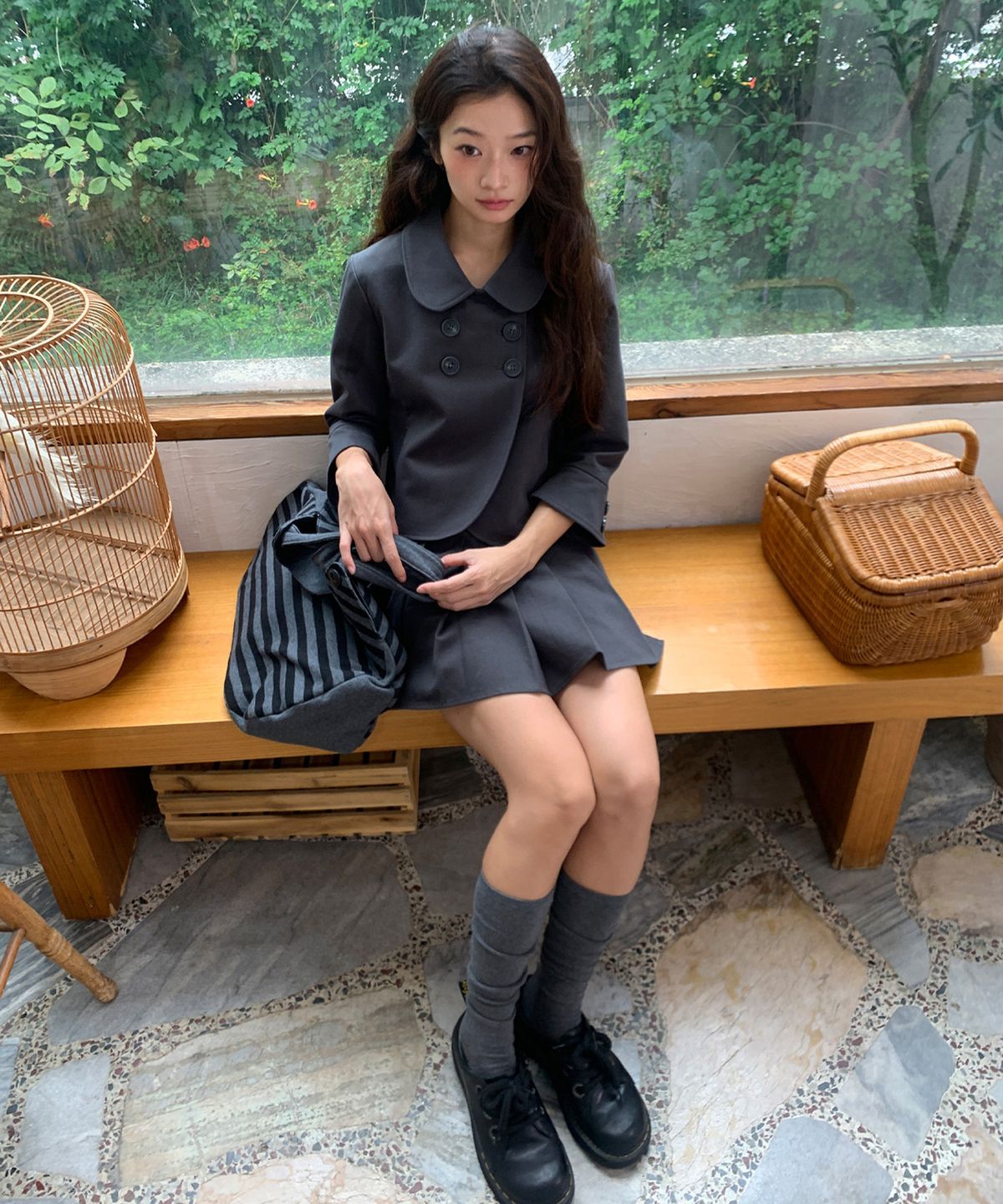 잇자바이브(ITZAVIBE) DOUBLE BUTTON COLLAR JACKET - CHARCOAL