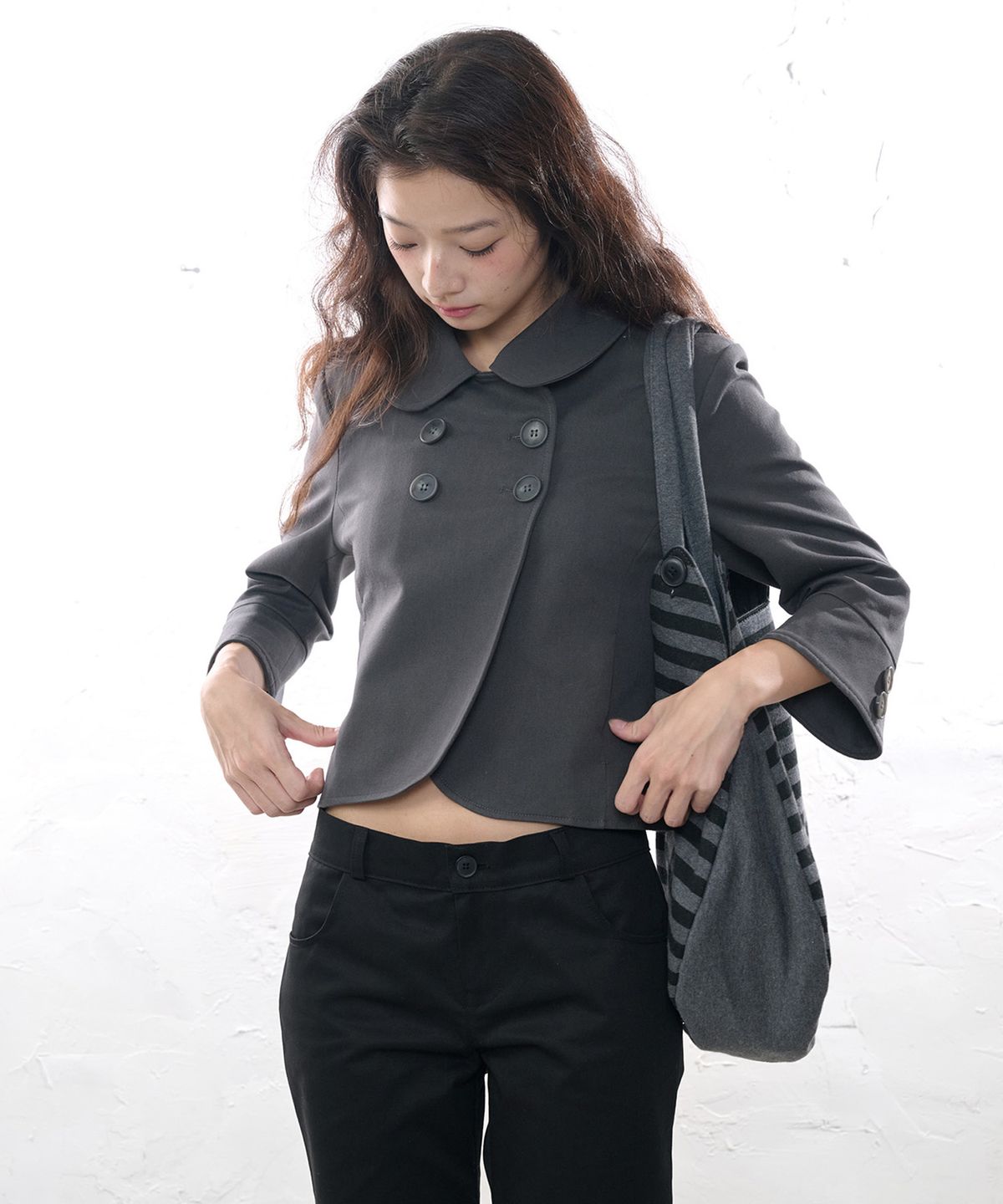 잇자바이브(ITZAVIBE) DOUBLE BUTTON COLLAR JACKET - CHARCOAL