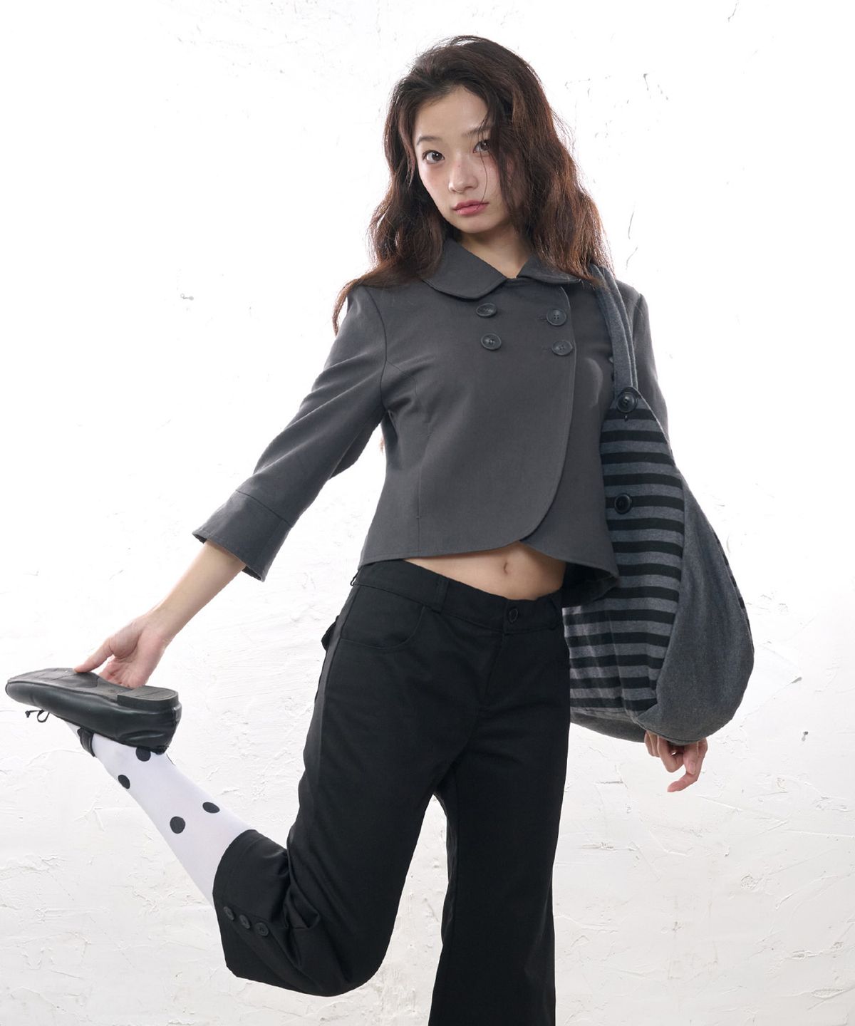 잇자바이브(ITZAVIBE) DOUBLE BUTTON COLLAR JACKET - CHARCOAL