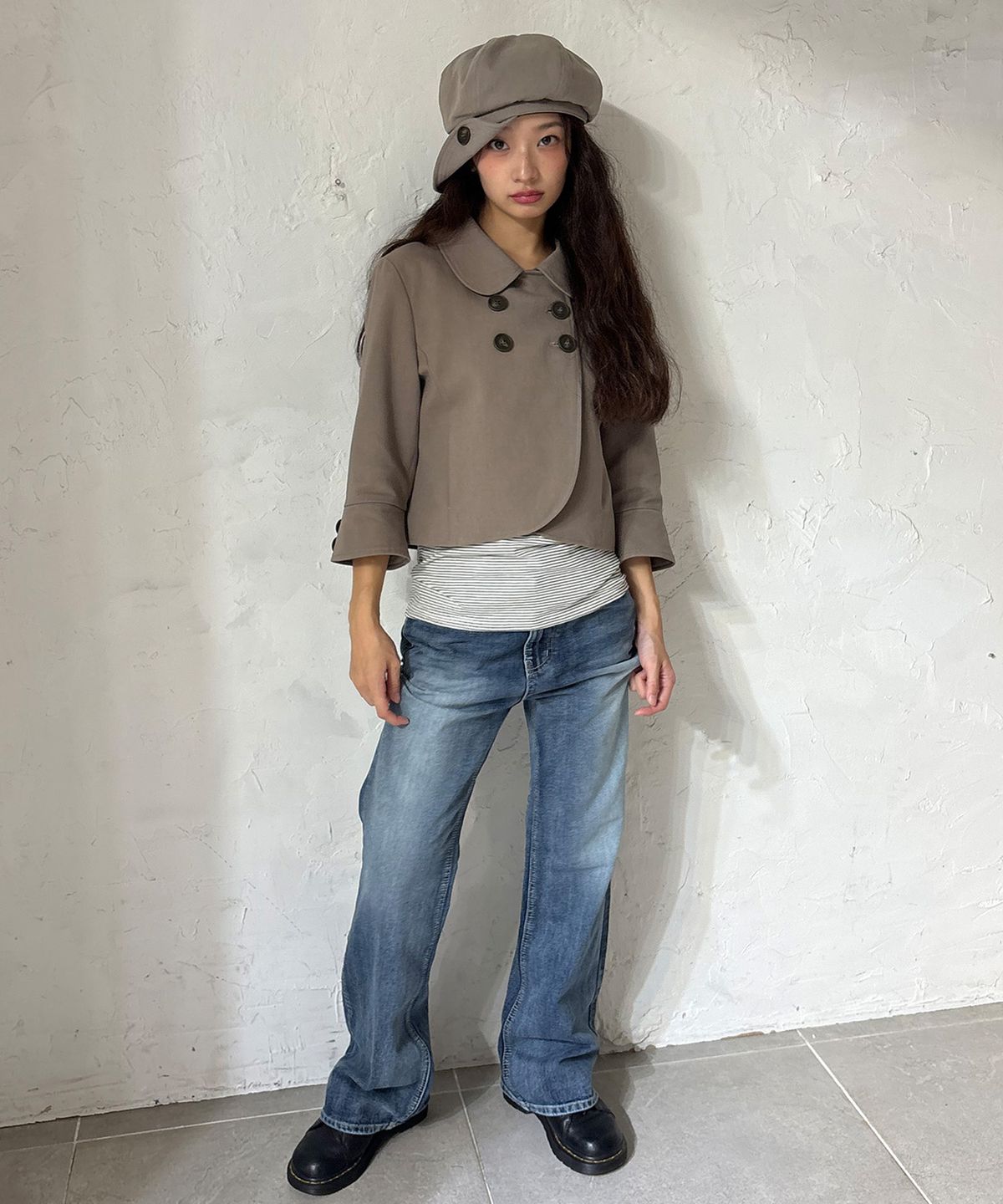 잇자바이브(ITZAVIBE) DOUBLE BUTTON COLLAR JACKET - TAUPE GRAY