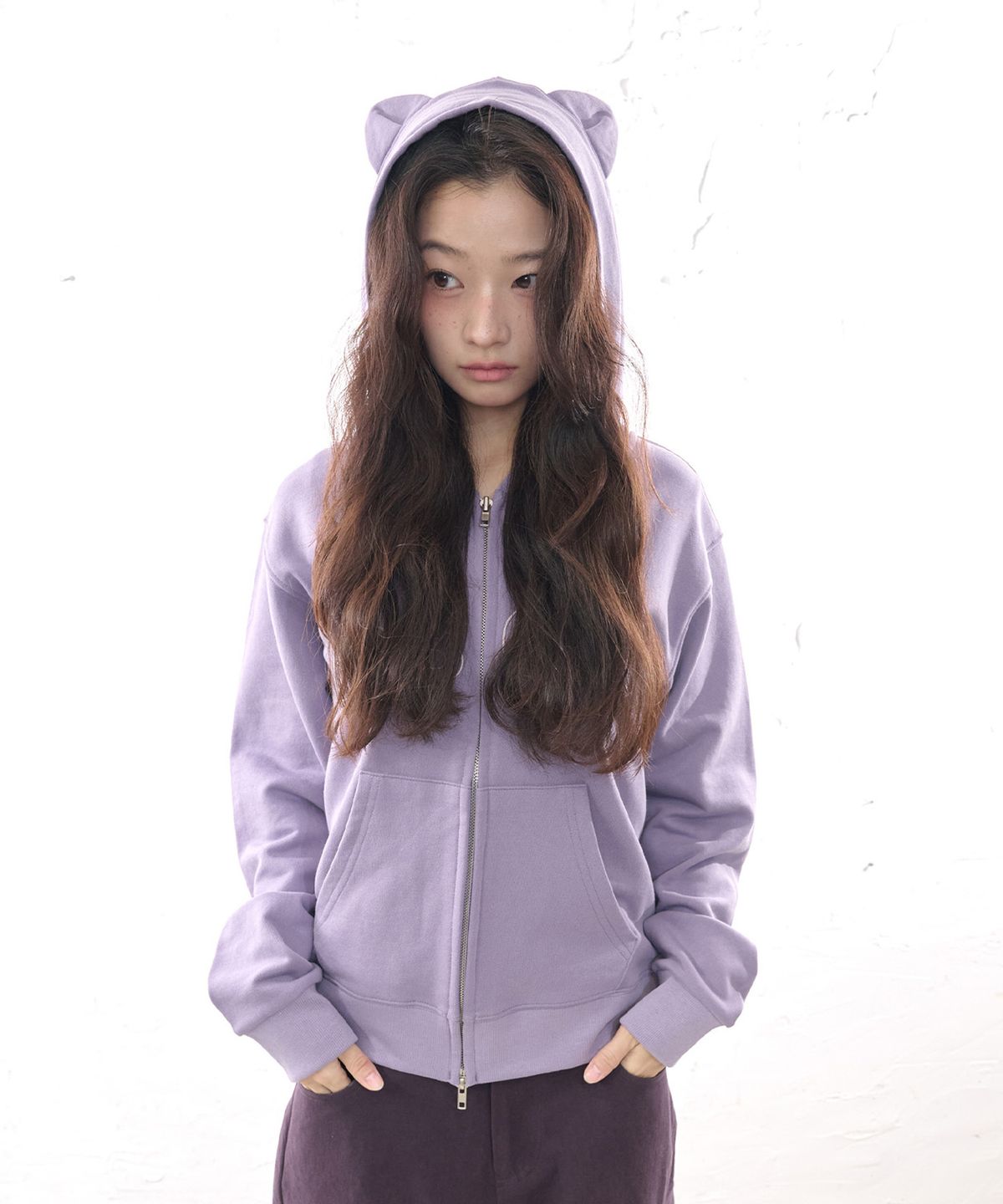 잇자바이브(ITZAVIBE) M3OW CAT EAR HOODIE ZIP UP - PURPLE