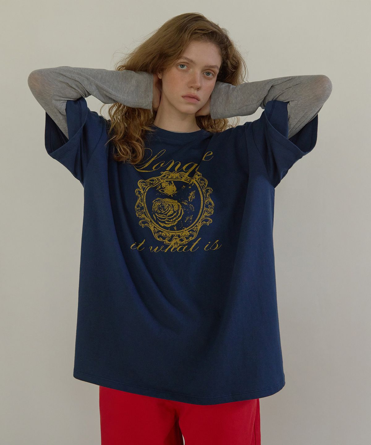 론크(LONQUE) VINTAGE ROSE HALF SLEEVE T-SHIRT (NAVY)