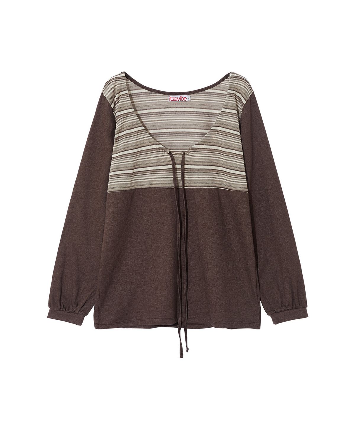 잇자바이브(ITZAVIBE) STRING STRIPE SHIRRING LONG SLEEVE - BROWN