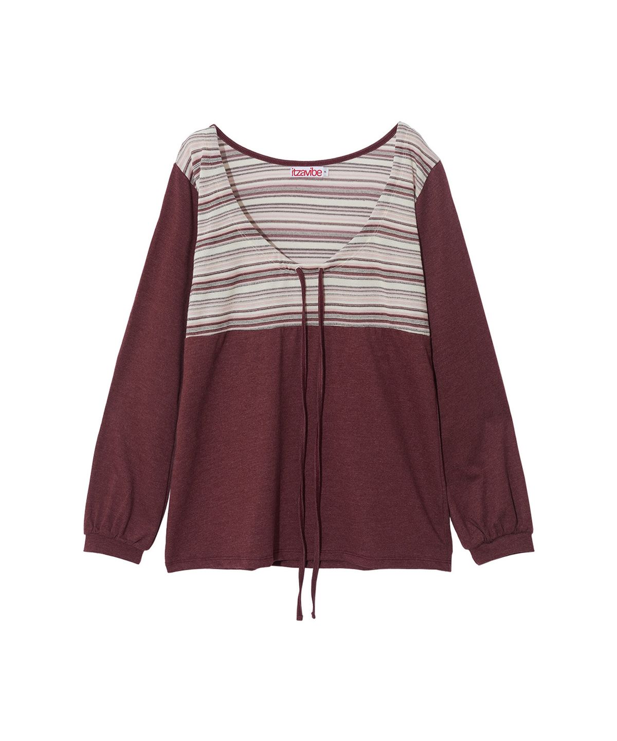 잇자바이브(ITZAVIBE) STRING STRIPE SHIRRING LONG SLEEVE - BURGUNDY