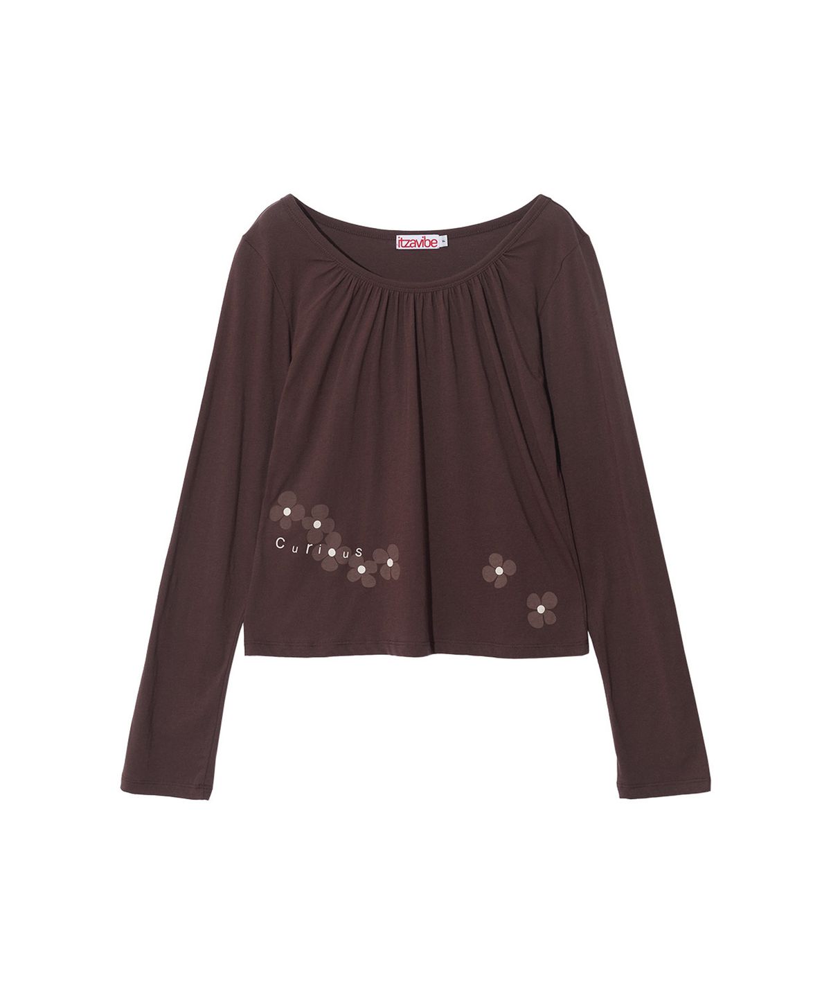 잇자바이브(ITZAVIBE) FLOWER SHIRRING SLIM LONG SLEEVE - BROWN