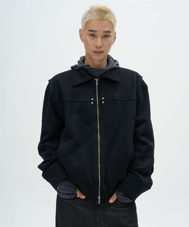 베이직 더블 리벳 스탠다드 카라 오버핏 블루종 코튼 집업 자켓 _2COLOR