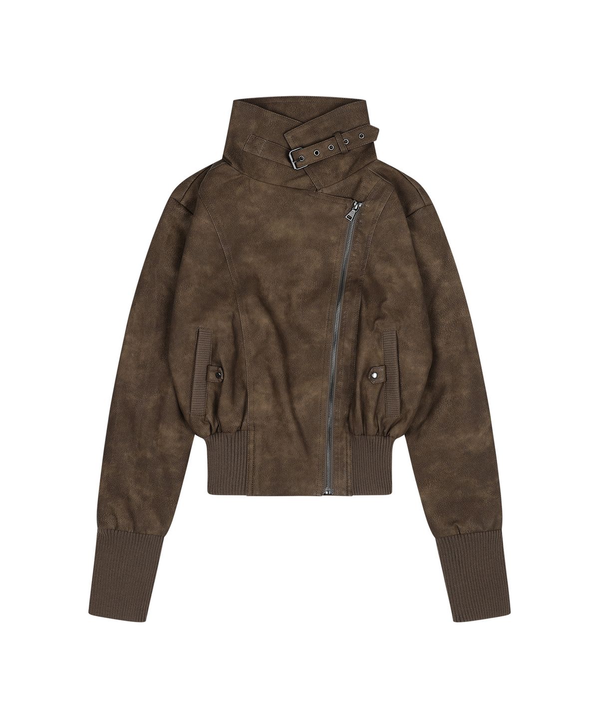 팬시클럽(FANCY CLUB) 하이넥 리브드 레더 자켓 (BROWN) F26ZA506