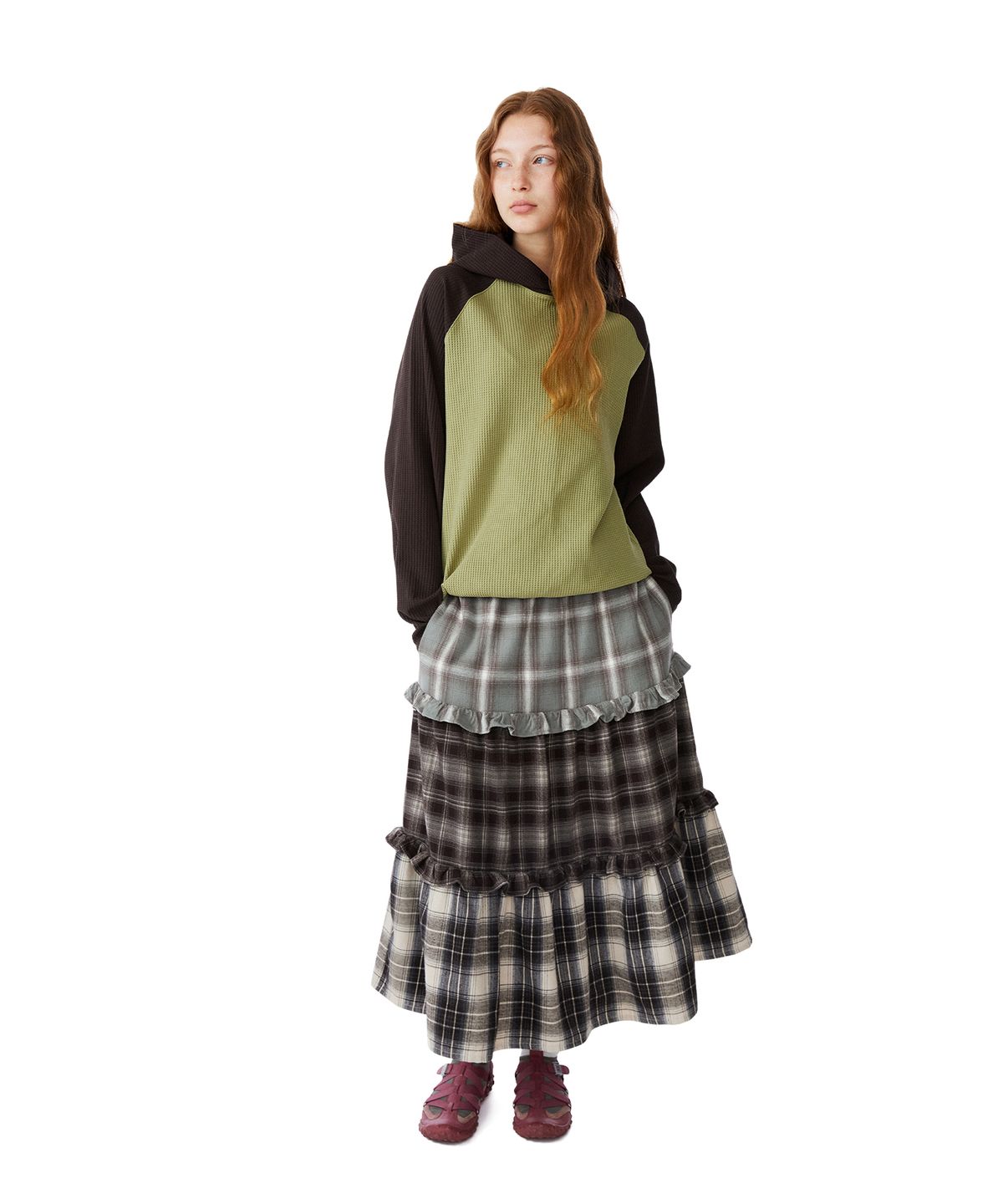 썬러브투어(SUNLOVETOUR) W Frill Flannel Long Skirt Green
