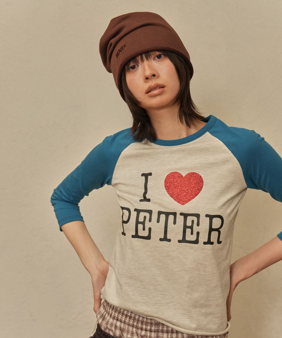 마이네임이즈피터(MYNAMEISPETER) (W) I LOVE PETER RAGLAN T-SHIRT - OATMEAL & BLUE