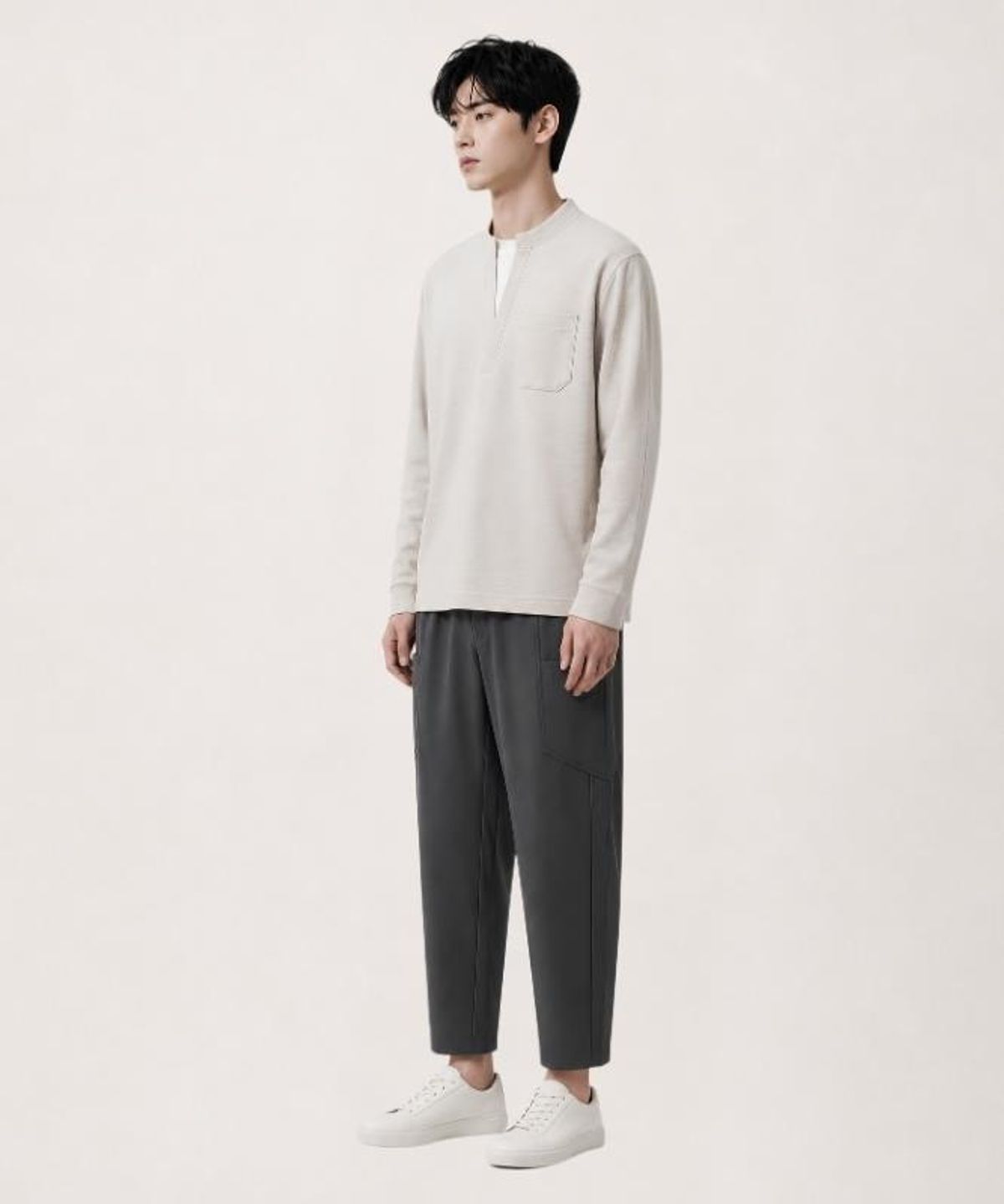 커스텀어스(CUSTOMUS) 남자 V넥 레이어드배색 긴팔 티셔츠 CXS26FKVT902 BEI