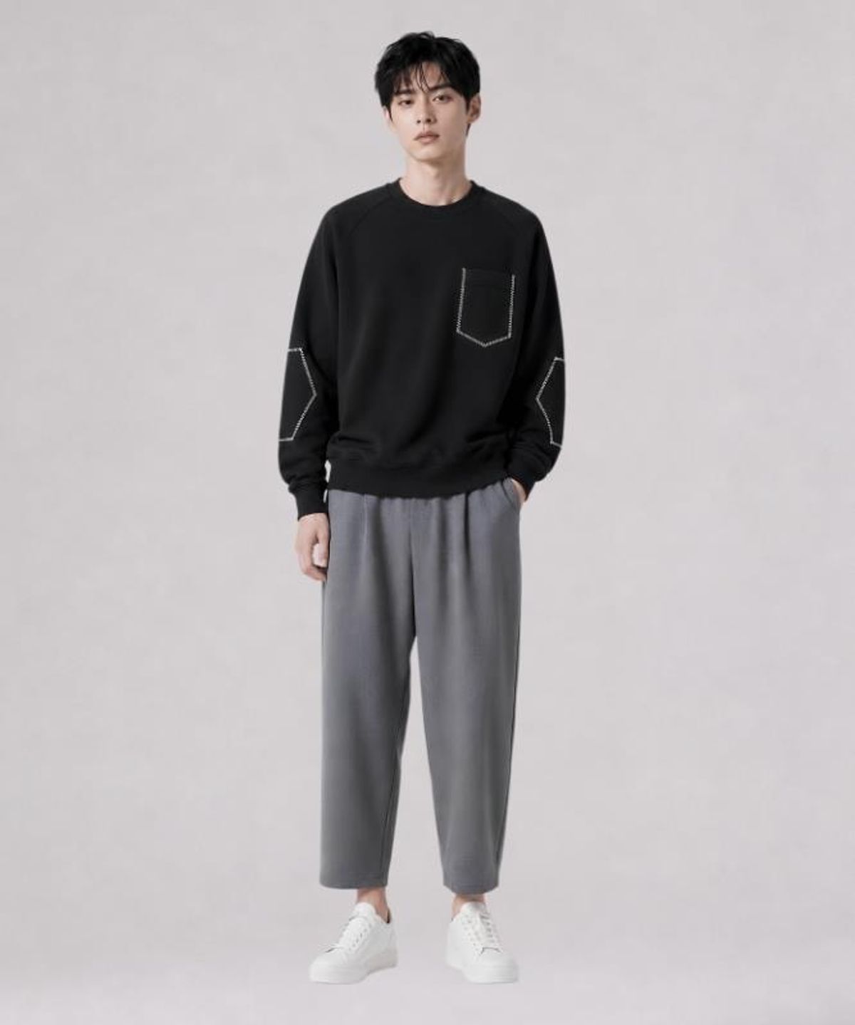 커스텀어스(CUSTOMUS) 남성 지그재그스티치 포켓 라운드넥 맨투맨 CXS26FKRT807 BLA