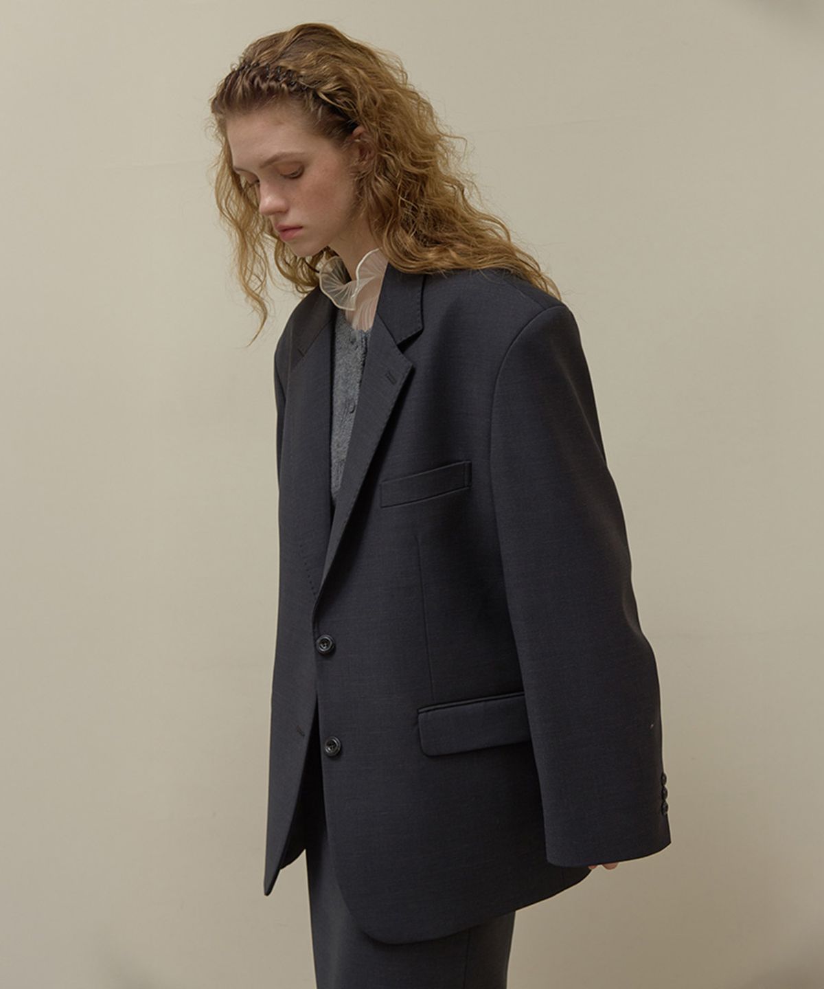 론크(LONQUE) STITCH OVERSIZED SINGLE JACKET (CHARCOAL)