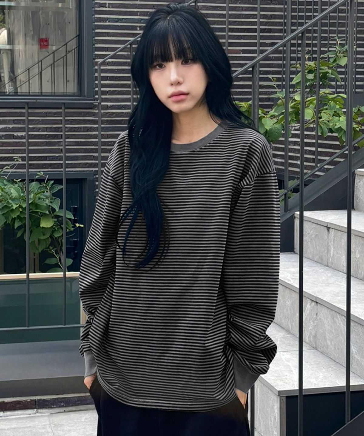 스켈리웩(SCALLYWAG) 워시드 스트라이프 롱 슬리브[블랙]