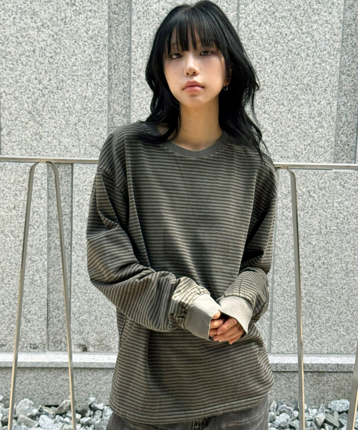스켈리웩(SCALLYWAG) 워시드 스트라이프 롱 슬리브[카키]