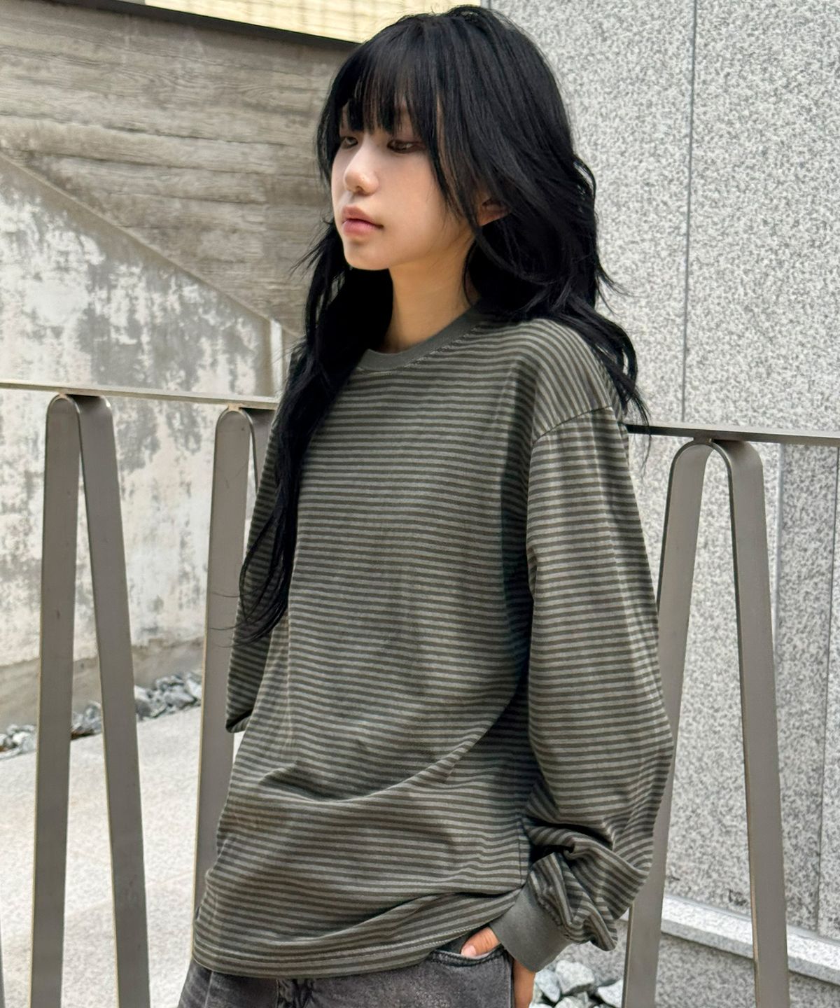 스켈리웩(SCALLYWAG) 워시드 스트라이프 롱 슬리브[카키]