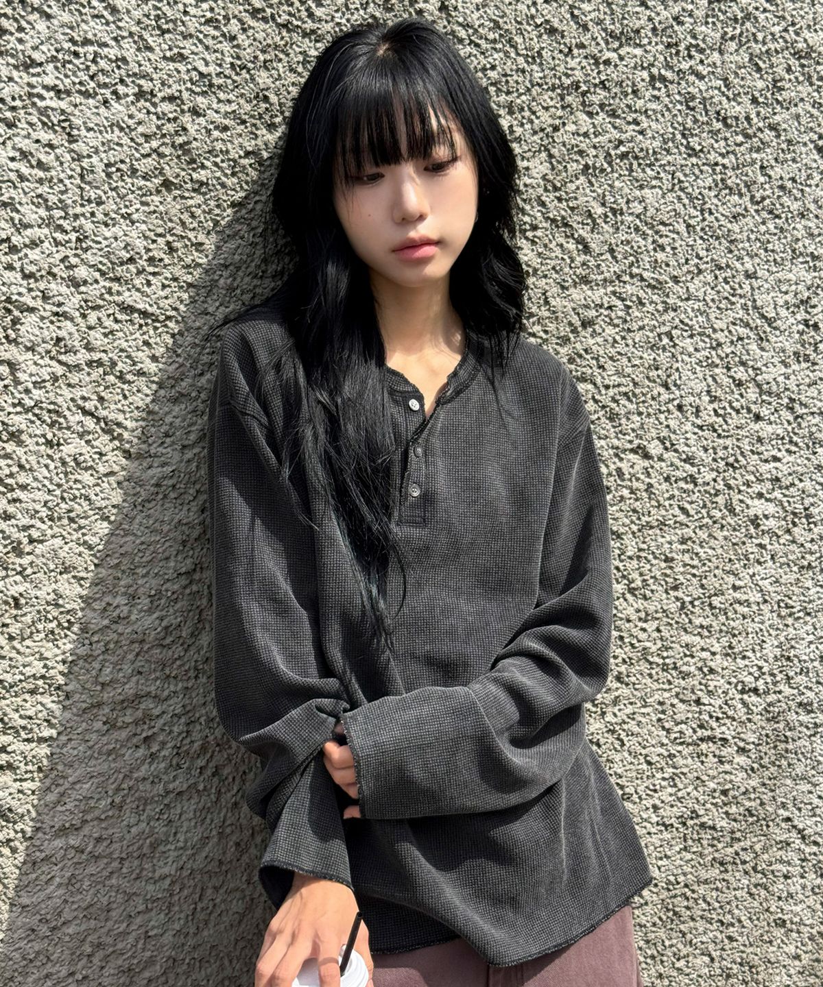 스켈리웩(SCALLYWAG) 가먼트 다잉 와플 헨리넥 롱 슬리브[블랙]