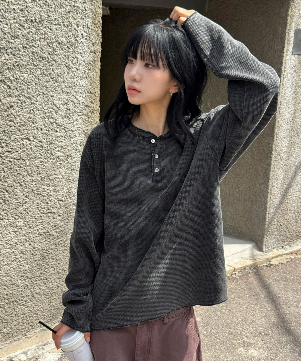 스켈리웩(SCALLYWAG) 가먼트 다잉 와플 헨리넥 롱 슬리브[블랙]