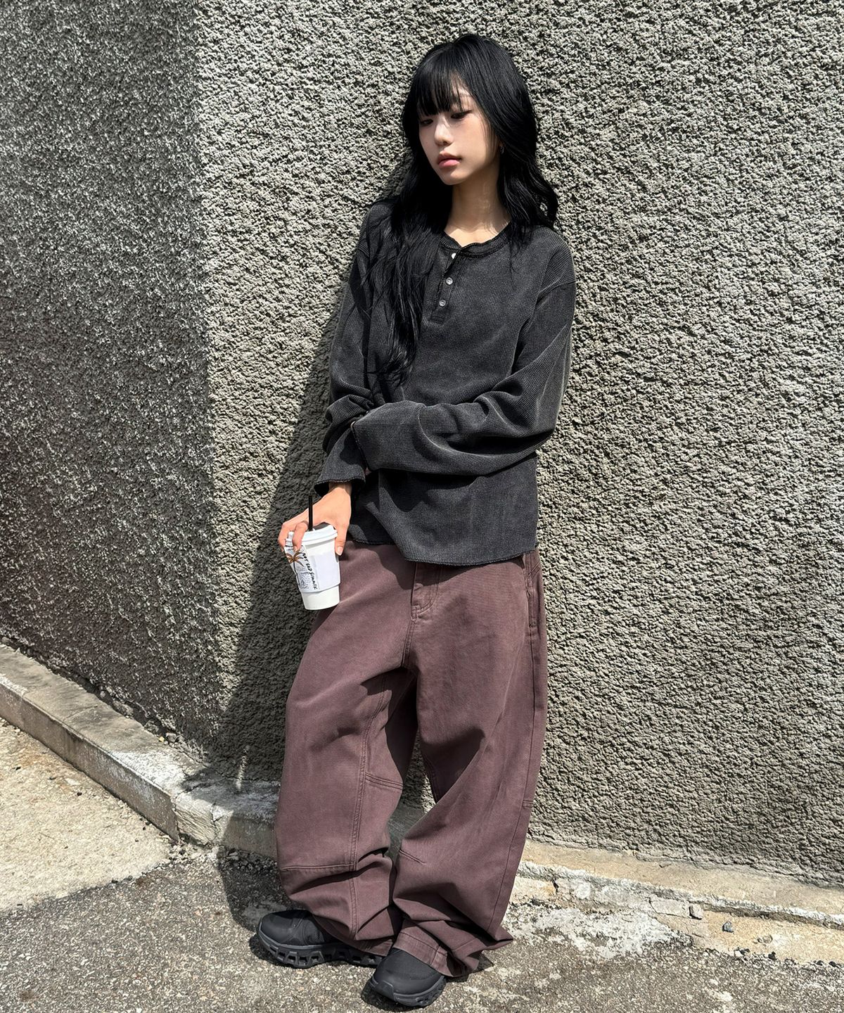 스켈리웩(SCALLYWAG) 가먼트 다잉 와플 헨리넥 롱 슬리브[블랙]