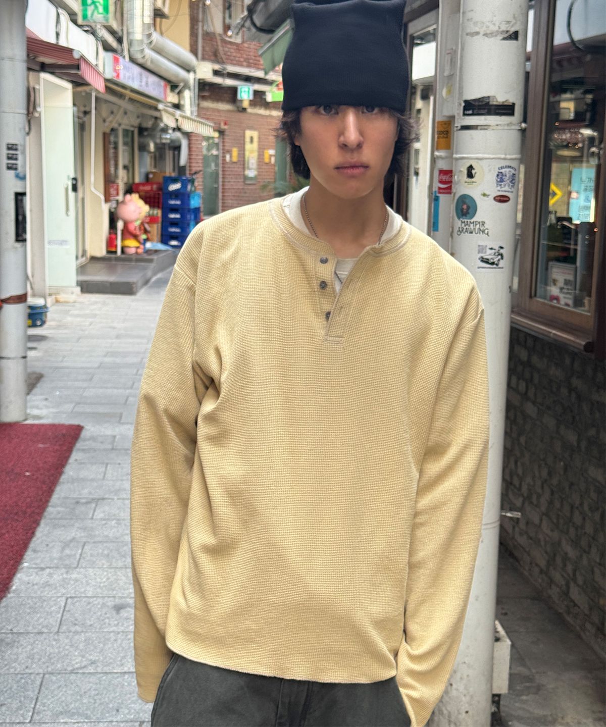 스켈리웩(SCALLYWAG) 가먼트 다잉 와플 헨리넥 롱 슬리브[옐로우]