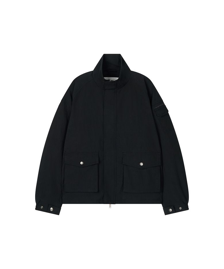 High-neck Cotton Safari Jacket - Black