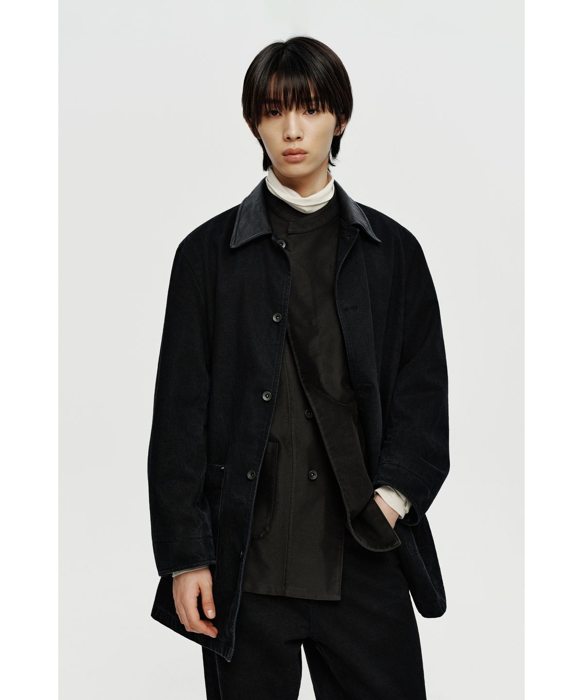 유스(YOUTH) Leather Collar Half Coat - Black