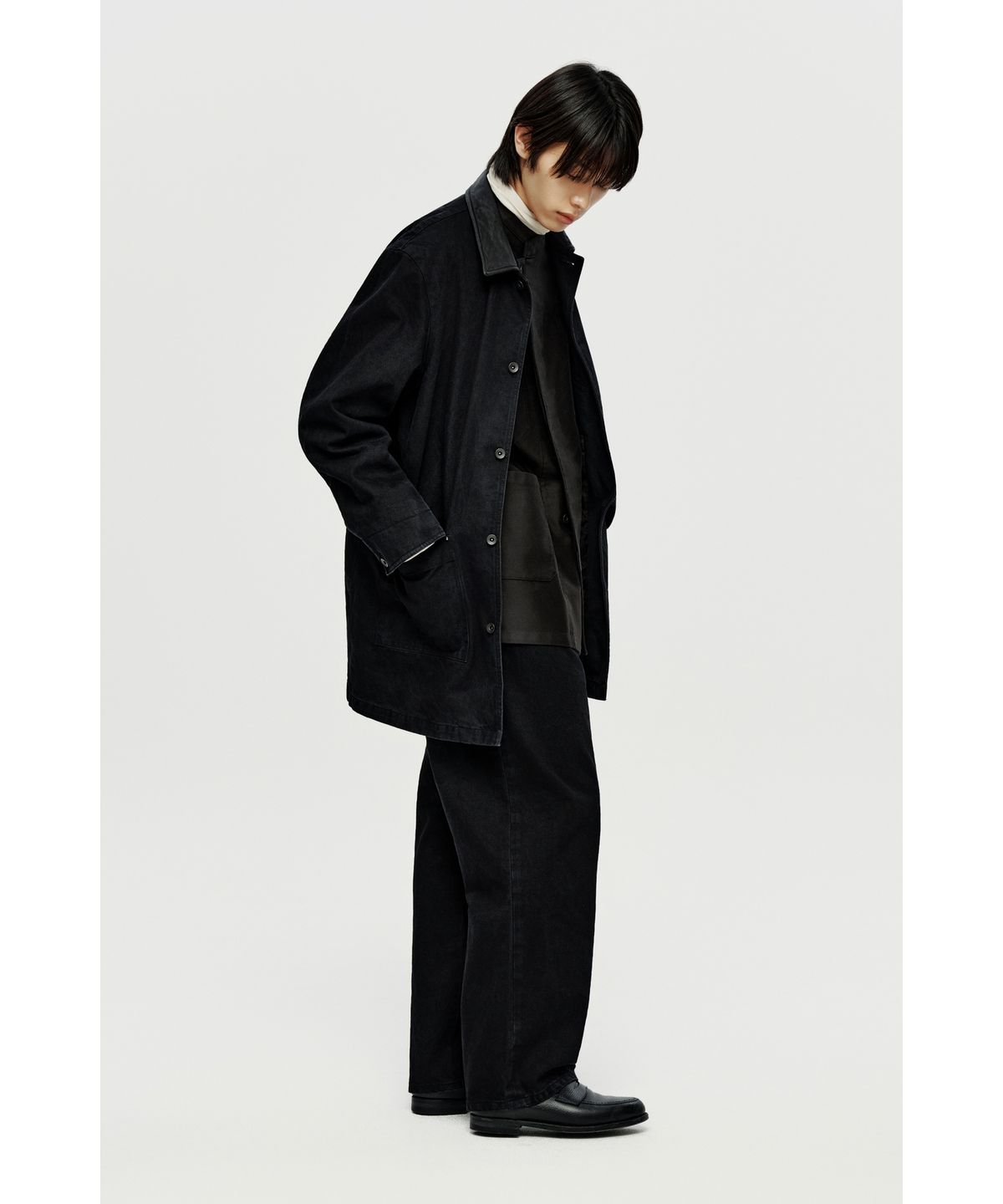 유스(YOUTH) Leather Collar Half Coat - Black