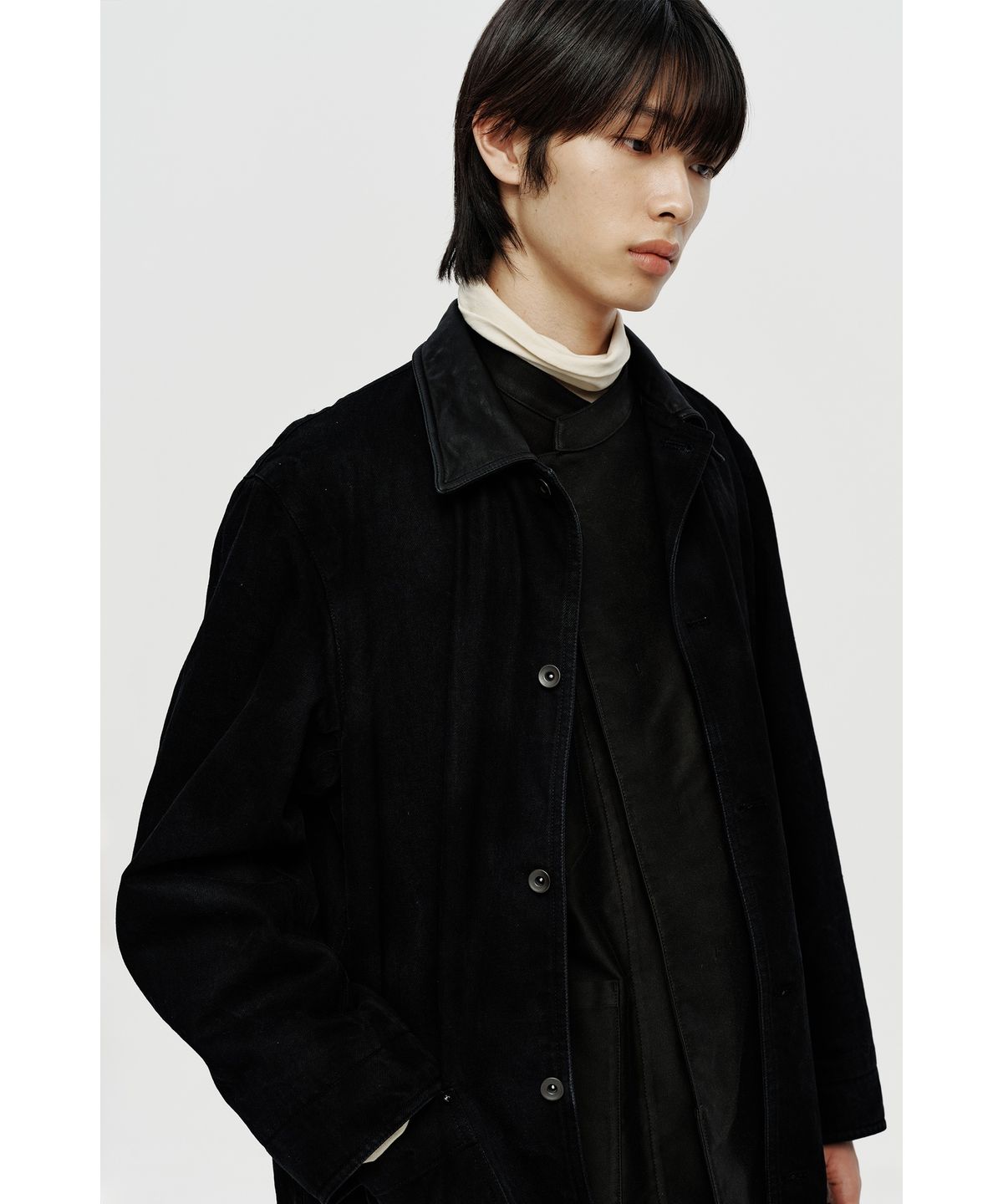 유스(YOUTH) Leather Collar Half Coat - Black