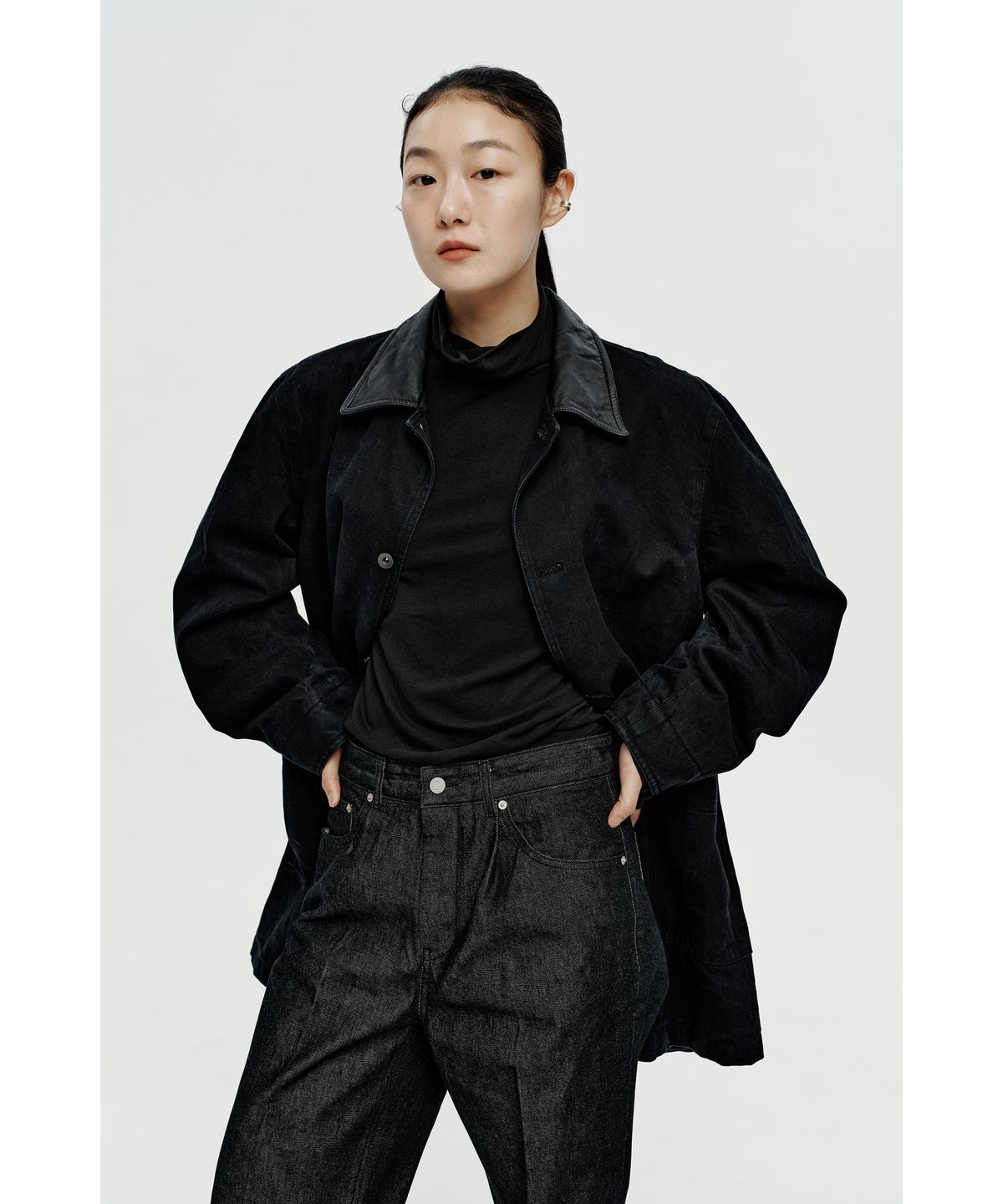 유스(YOUTH) Leather Collar Half Coat - Black