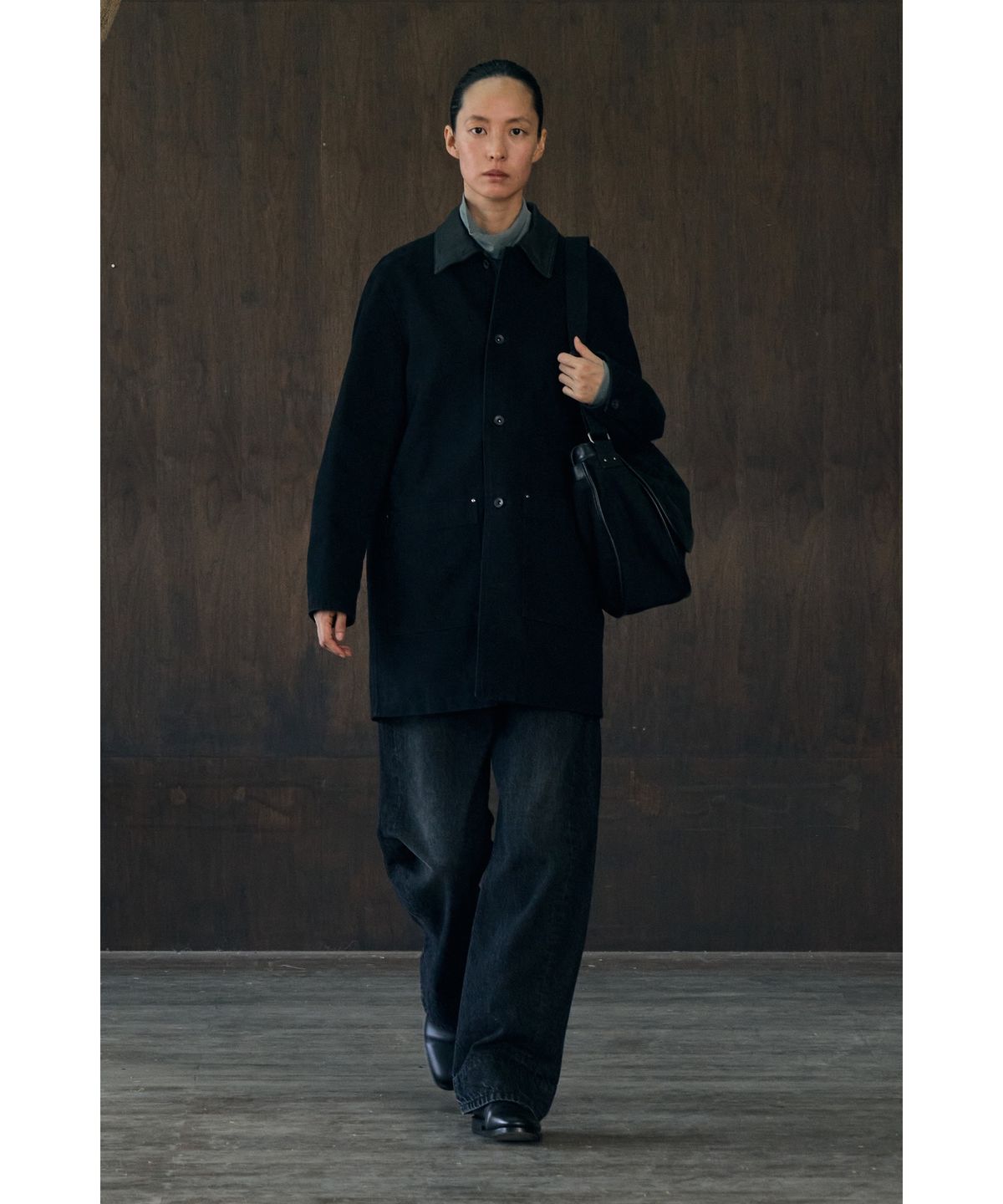 유스(YOUTH) Leather Collar Half Coat - Black