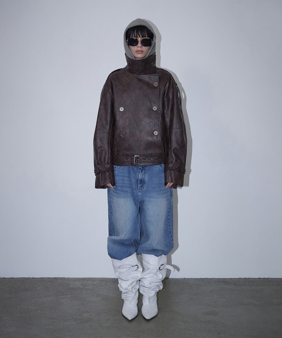 로타입(ROUGHTYPE) High-neck Belted Leather Jacket - Burgundy