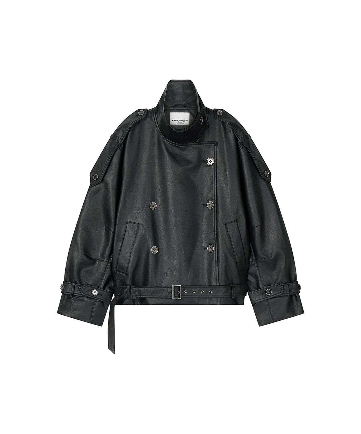 로타입(ROUGHTYPE) High-neck Belted Leather Jacket - Black