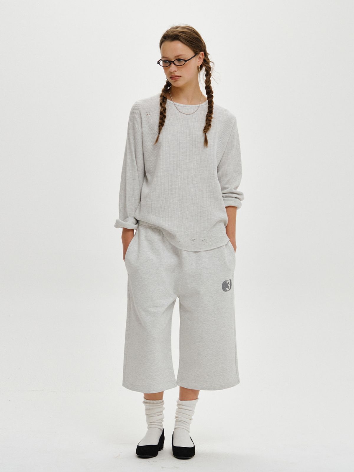 플리즈프로젝트(PLZPROJECT) 3 SWEAT BERMUDA PANTS, WHITE MELANGE