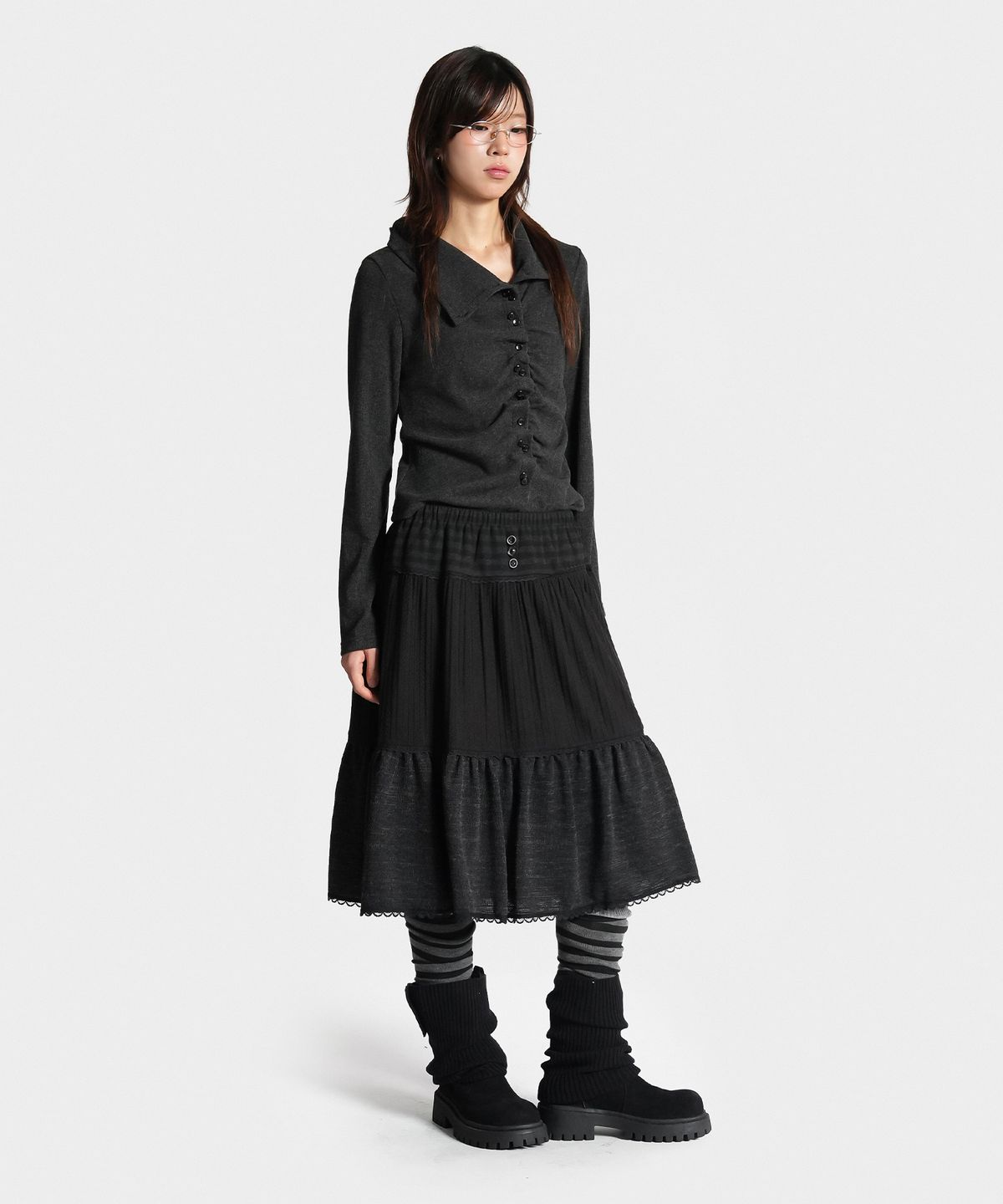 지도트(JIDOT) LAYERED KNIT TIERED SKIRT BLACK