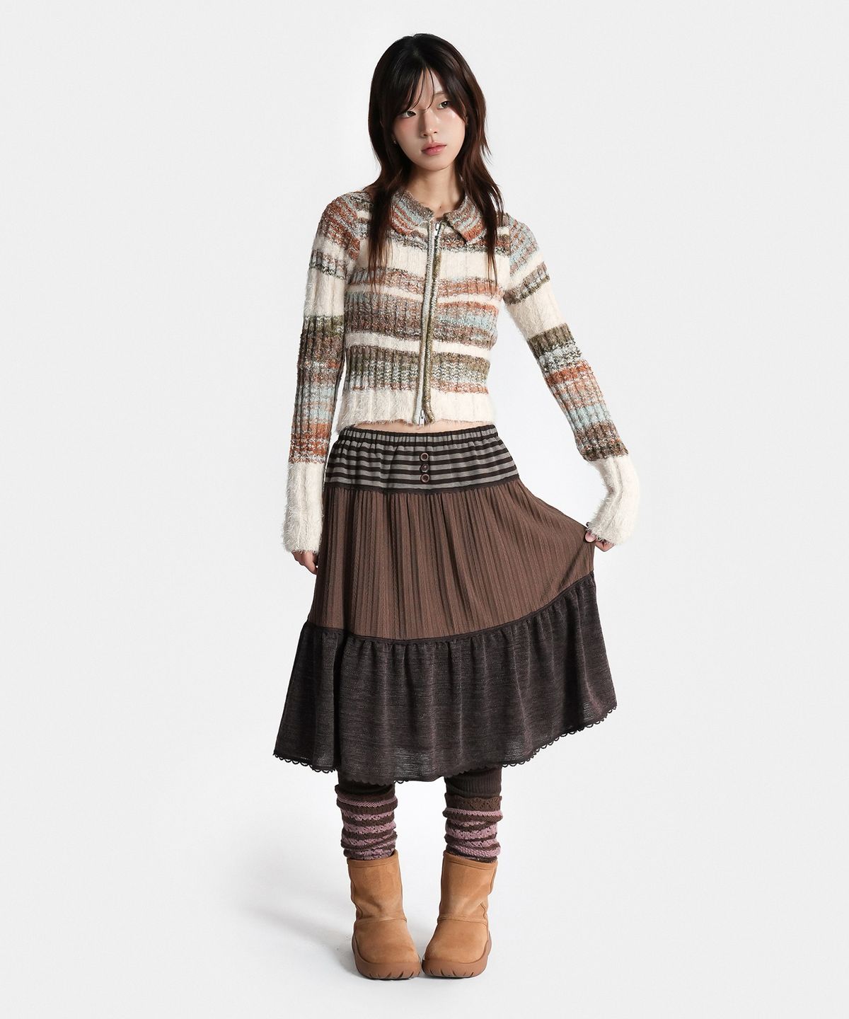 지도트(JIDOT) LAYERED KNIT TIERED SKIRT BROWN