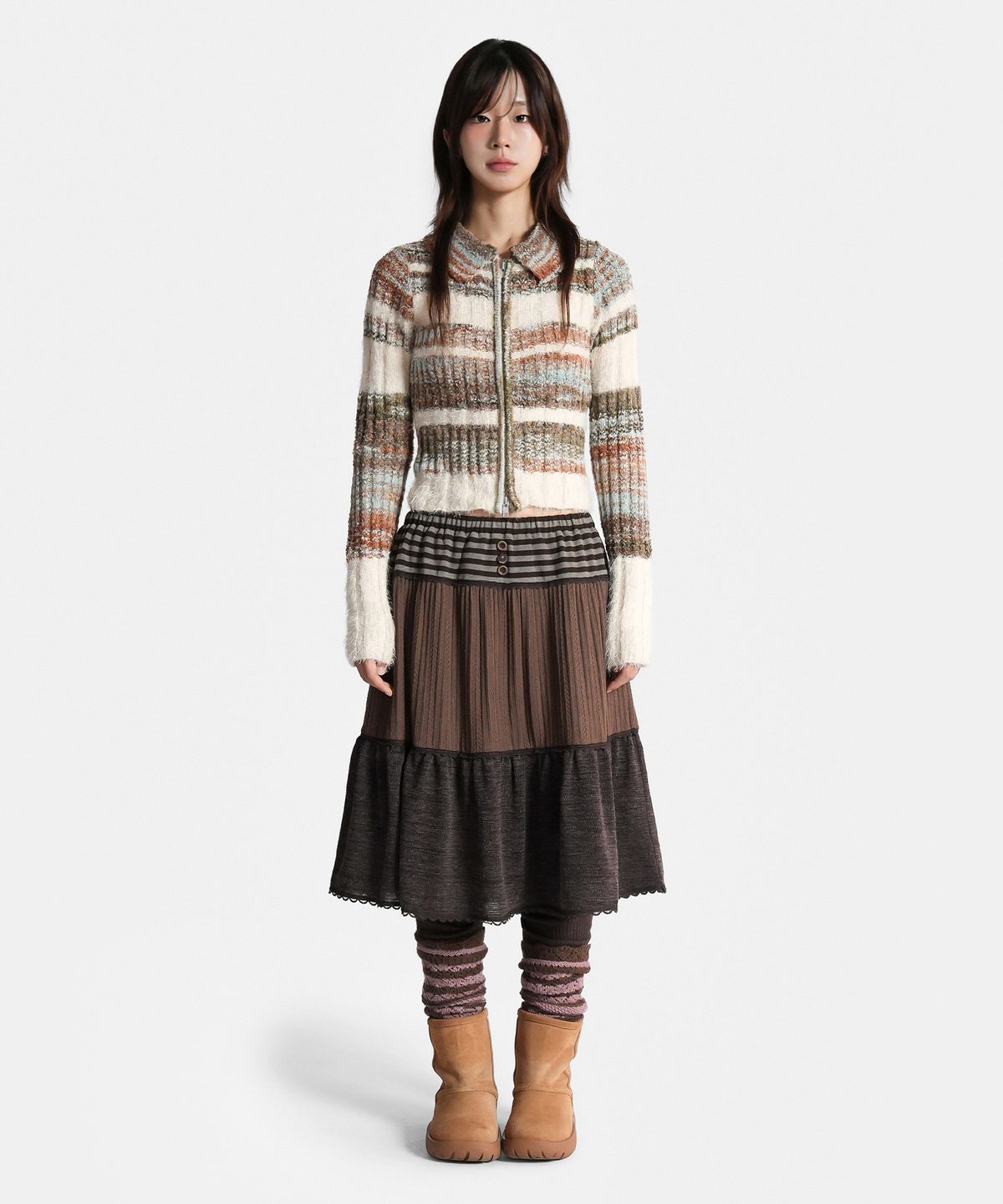 지도트(JIDOT) LAYERED KNIT TIERED SKIRT BROWN