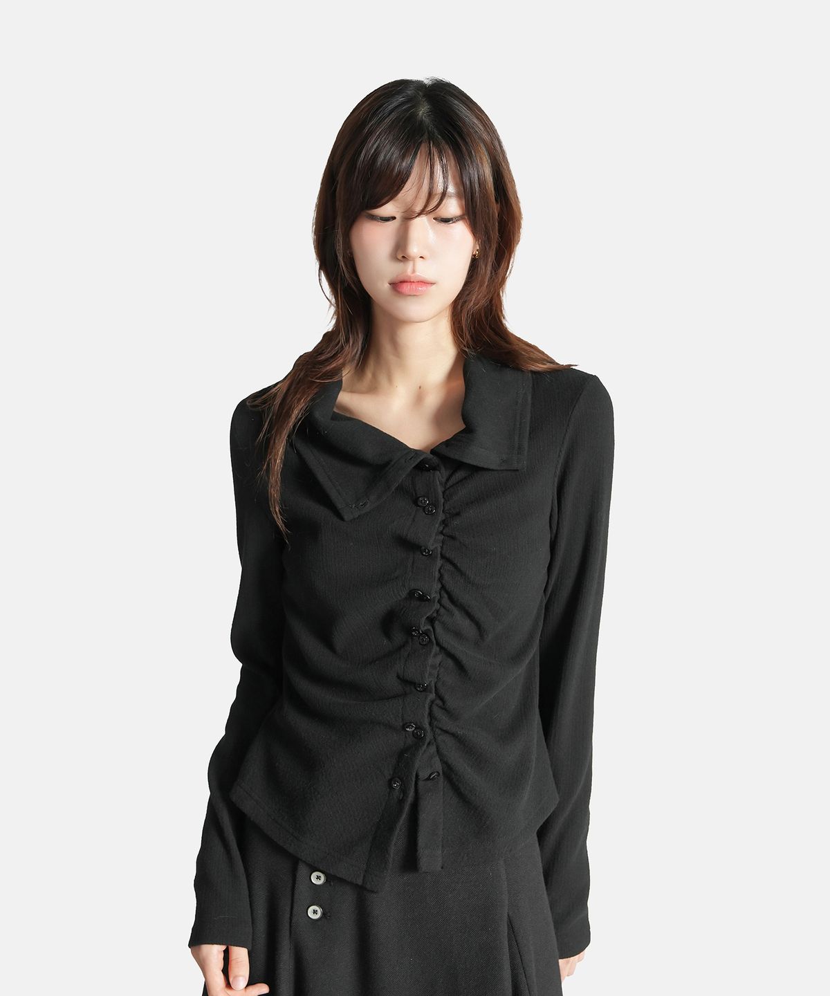 지도트(JIDOT) 2-WAY SHIRRED HIGH NECK CARDIGAN BLACK