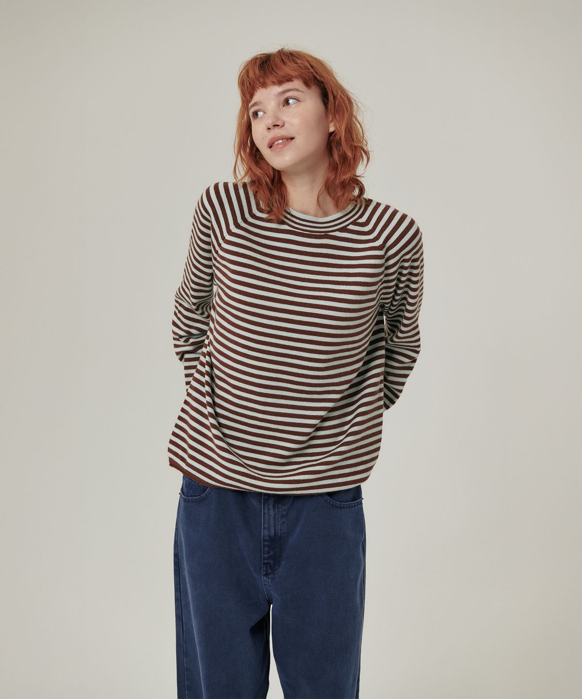 플랫웨이브 인 서울(FLATWAVE IN SEOUL) Weyve Stripe Loose Fit Round Knit Brown/Mint