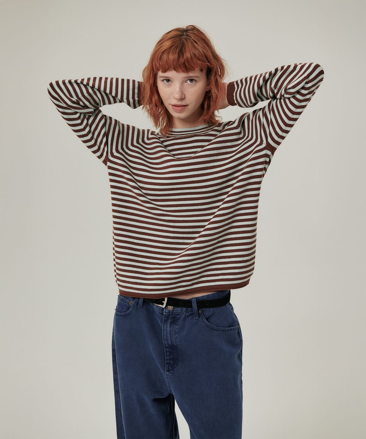 플랫웨이브 인 서울(FLATWAVE IN SEOUL) Weyve Stripe Loose Fit Round Knit Brown/Mint