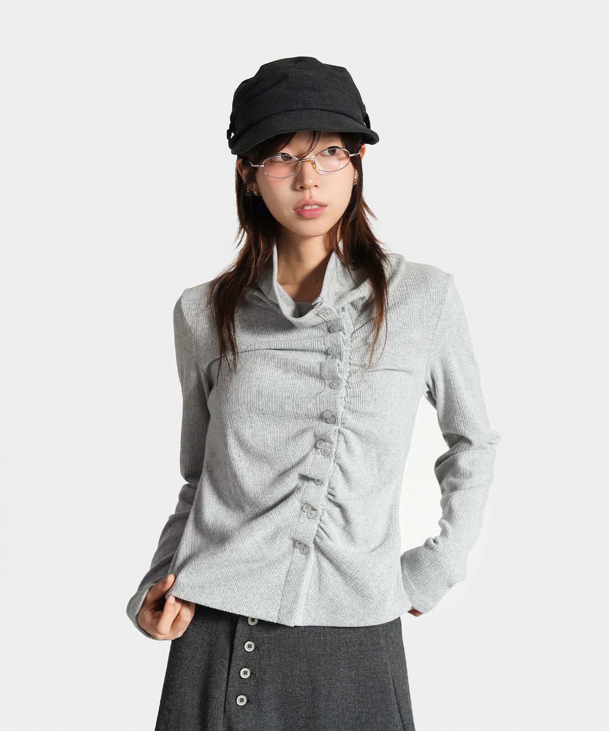 지도트(JIDOT) 2-WAY SHIRRED HIGH NECK CARDIGAN GRAY