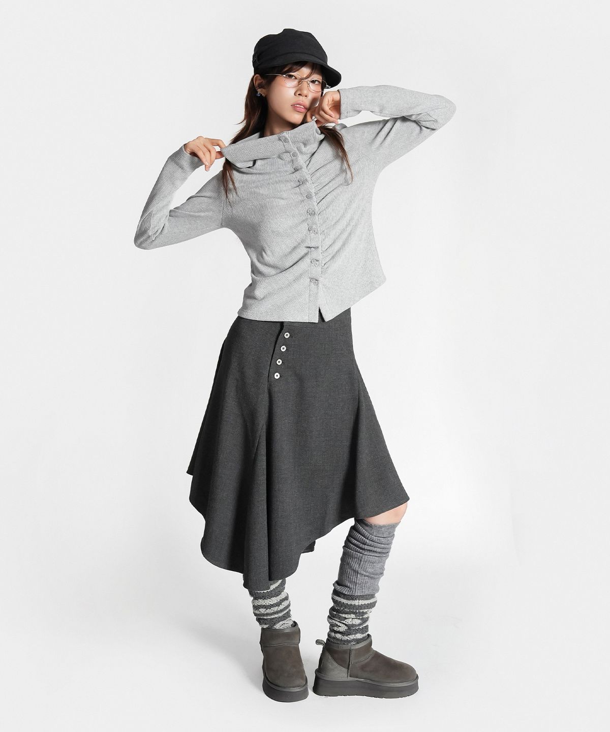 지도트(JIDOT) 2-WAY SHIRRED HIGH NECK CARDIGAN GRAY