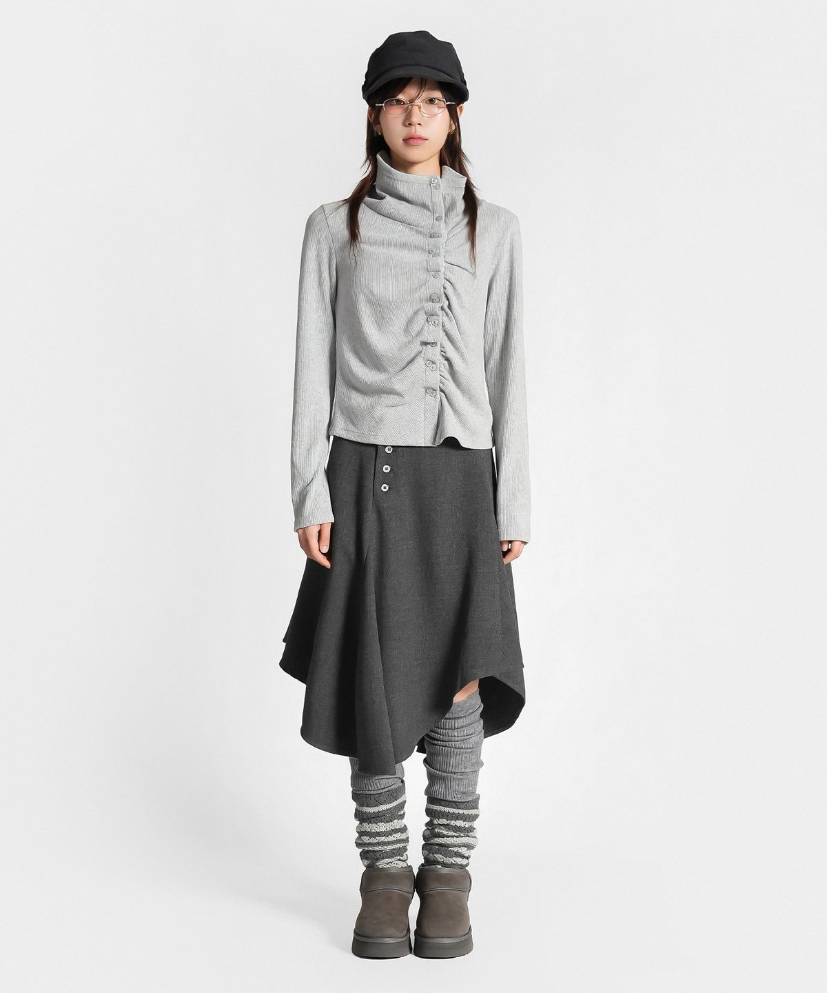 지도트(JIDOT) 2-WAY SHIRRED HIGH NECK CARDIGAN GRAY