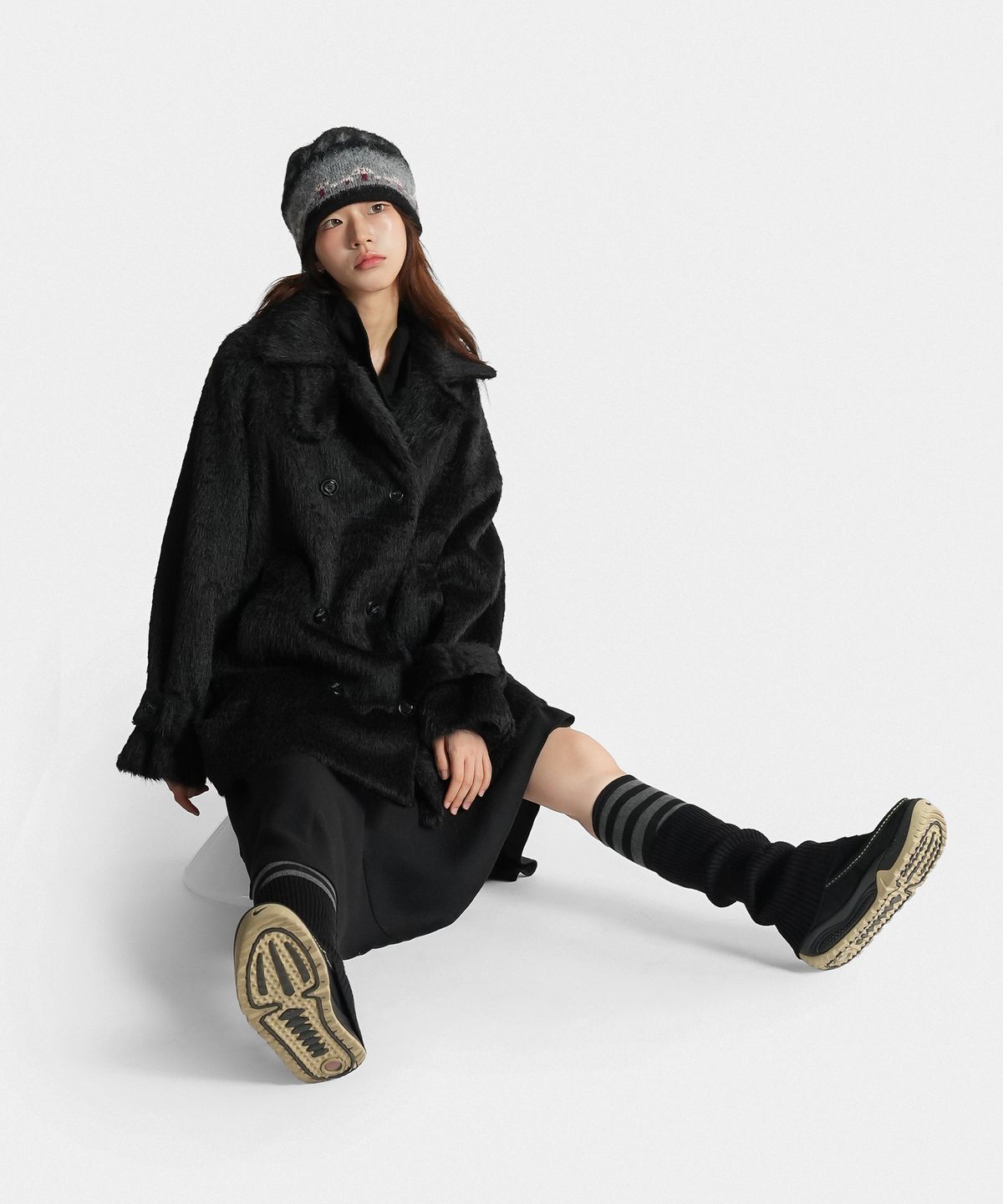 지도트(JIDOT) HIGH NECK DOUBLE FUR COAT BLACK